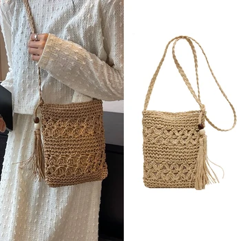 Borse a Tracolla da Donna con Nappine, Borsa Intrecciata Casual da Spiaggia in Paglia, Bolsa Feminina