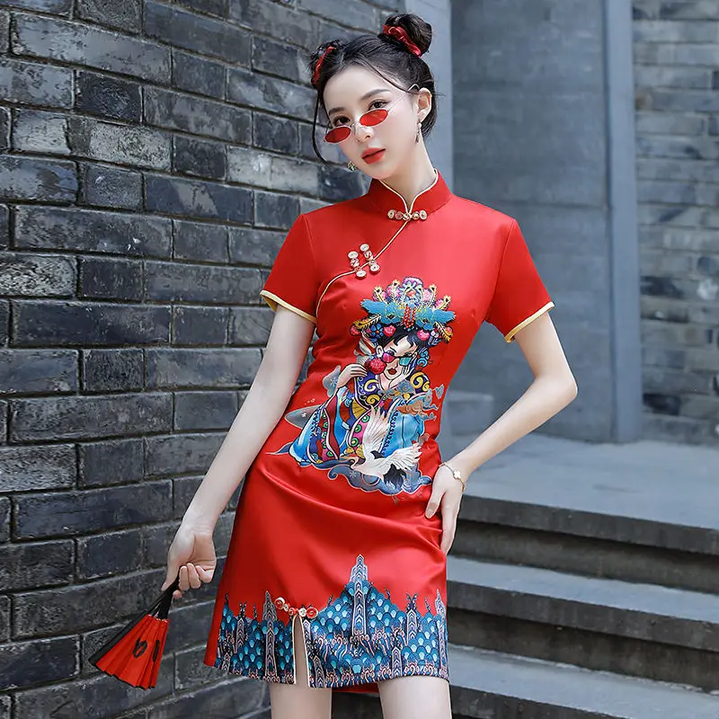 

Red China Chic Girls Printed Cheongsam Young and Improved Women Chinese Style Dress Fried Street Art Performance Clothes