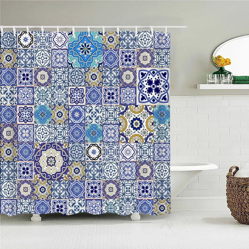 Bohemian 3D Shower Curtain, Indian Mandala Flower Green Blue Chic Color Modern Pattern Bathroom Fabric Home Decor Shower Curtain 4