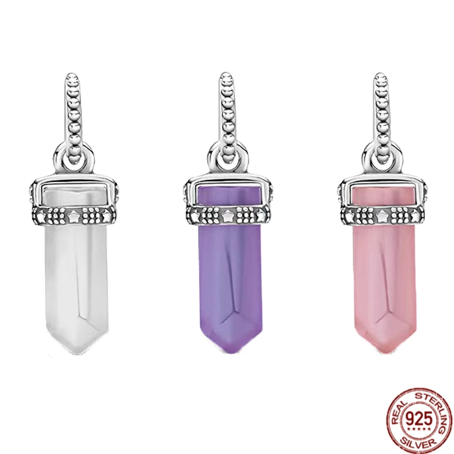 

HotSale White Purple Pink Crystal Pillar Dangle Charm Bead 925 Sterling Silver DIY Fashion Jewelry Fit Original Pandora Bracelet
