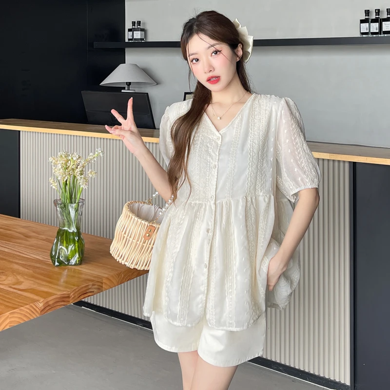 Summer Maternity Clothes Sweet Puff Sleeve V-neck Lace Embroidery Shirts Belly Shorts Twinset Fashion Pregnant Woman Short Sets