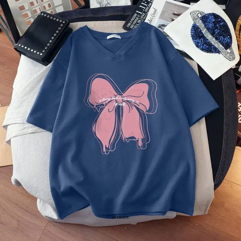 Plus Size 6XL 150KG Women Sweet Cotton T Shirt Lovely Female Tops Kawaii Tee Tshirt V Neck Ladies Large Tees