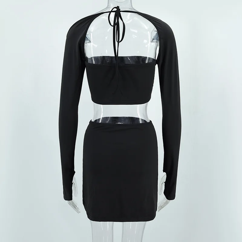 SKMY 2023 Autumn And Winter New In Matching Sets Wrapped Chest Long Sleeve Lace-Up Crop Top Split Mini Skirts 2 Piece Sets Women