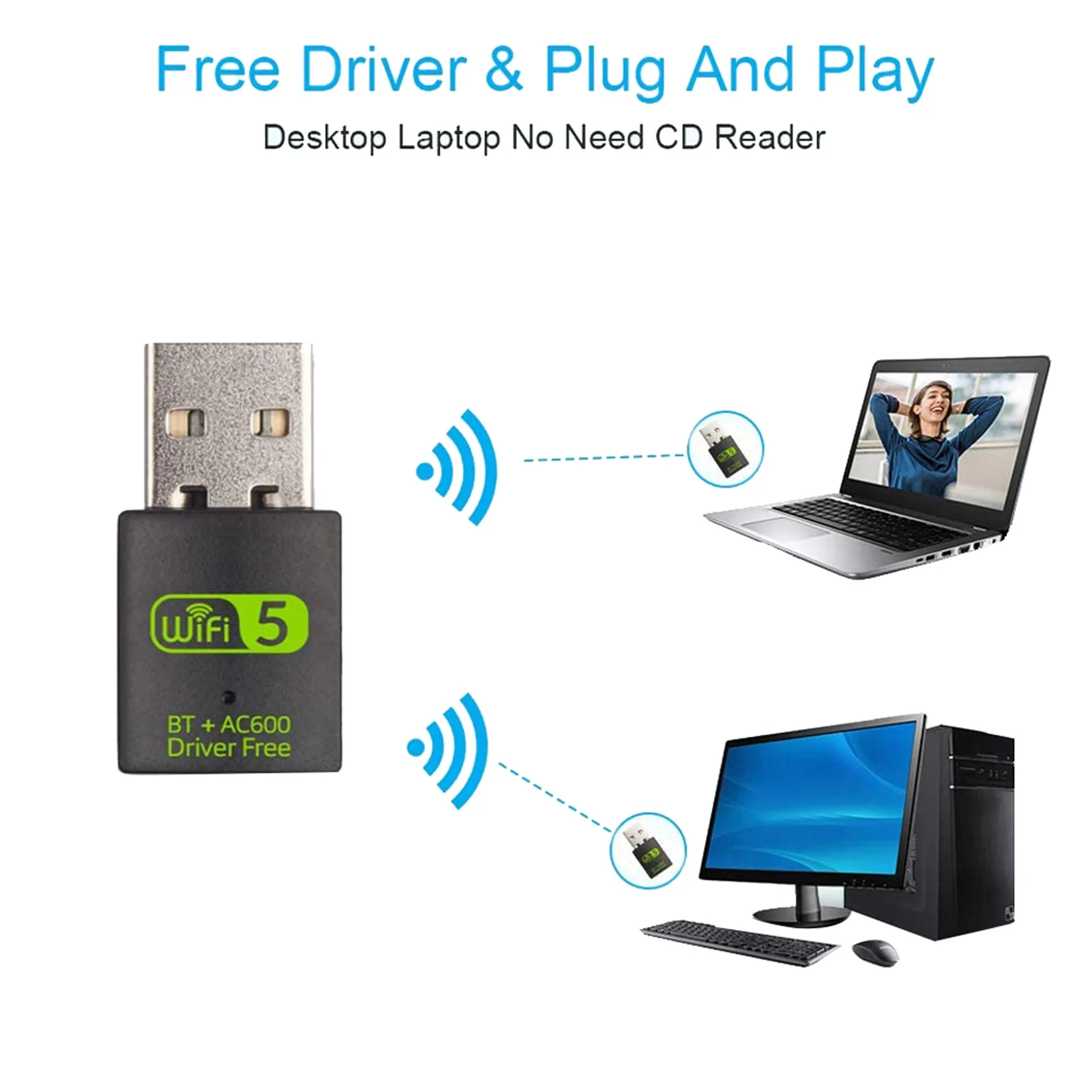 2X USB Wifi 블루투스 어댑터, 600Mbps 듀얼 밴드 무선 네트워크 외부 수신기, PC/노트북/데스크탑용 Wifi 동글