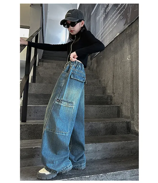 Pantaloni Cargo Bambina Jeans Cargo Ragazza Vita Alta Larghi