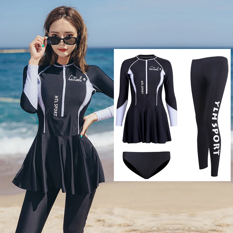 

Women 3pcs/set Rash Guards Tops+Bottoms Full Body Long Sleeve Swimdress Sun Guard Stinger Suit Dive Skin Wetsuit Bathing Suits