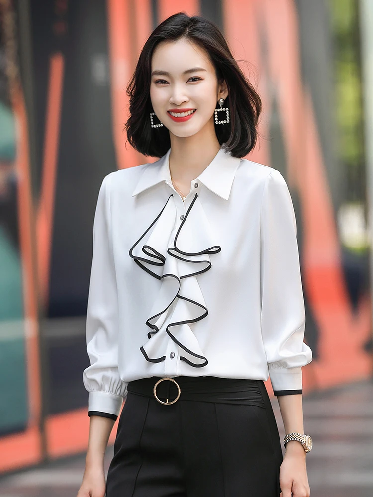 Koean Senior Women Streetwear Blouse Draped Soft Work Business Formal Office Lady Tops Elegant Formal Spring Autumn Shirts