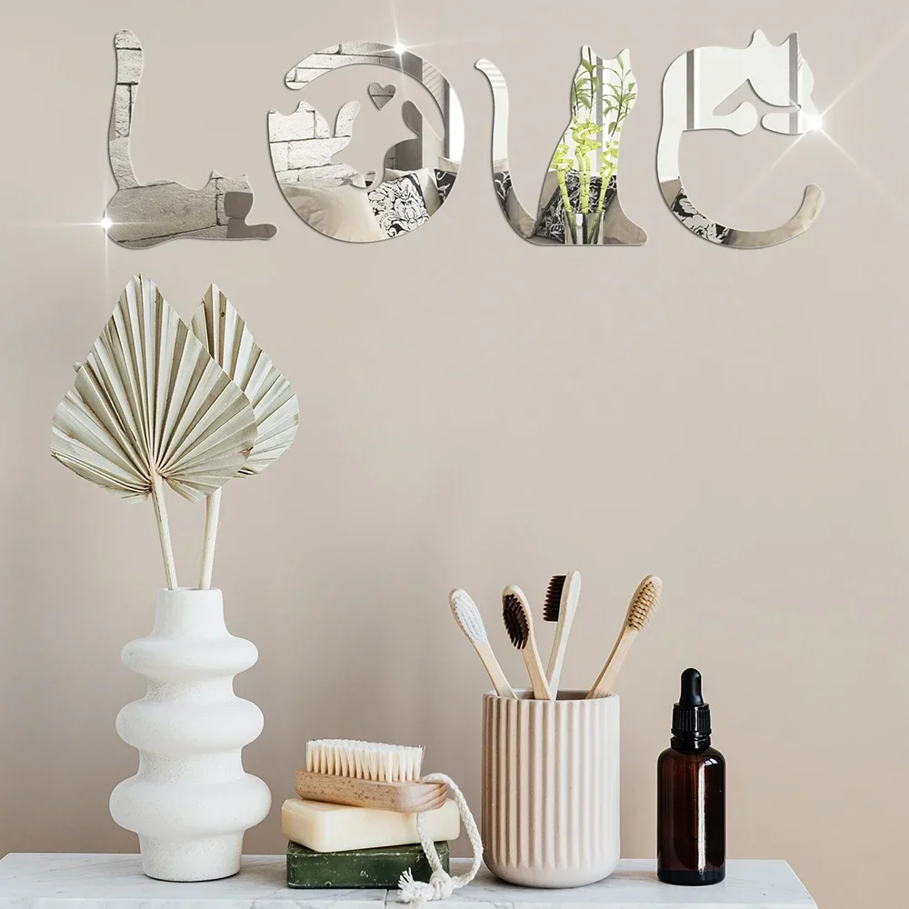 Wall Sticker Mirror Wall Sticker Acrylic Wall Sticker LOVE Cat Mirror 3D Wall Sticker Acrylic Paste Home Decoration Cats Wallpaper Bathroom Bedroom Living Room Door Wall Decor