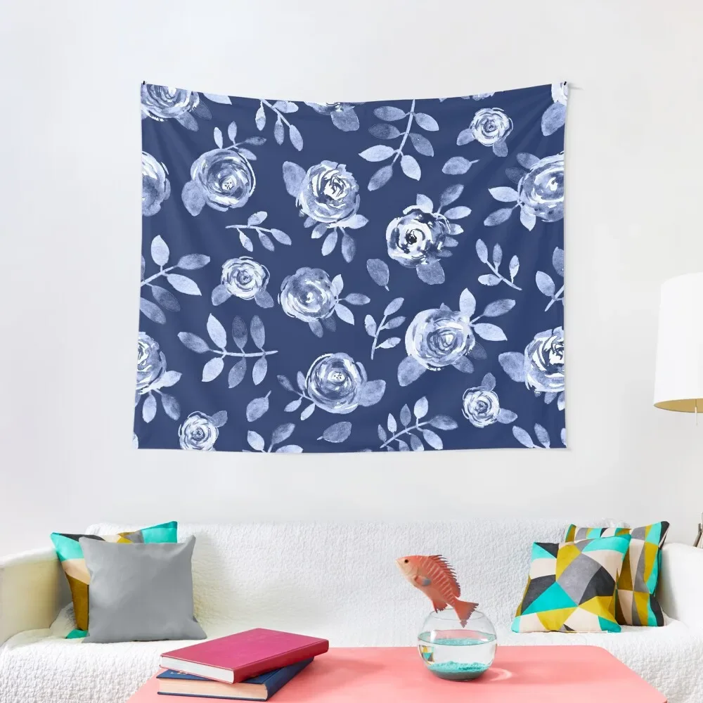 

Hand painted navy blue whitewatercolor floral roses pattern Tapestry Tapete For The Wall Wall Mural Tapestry