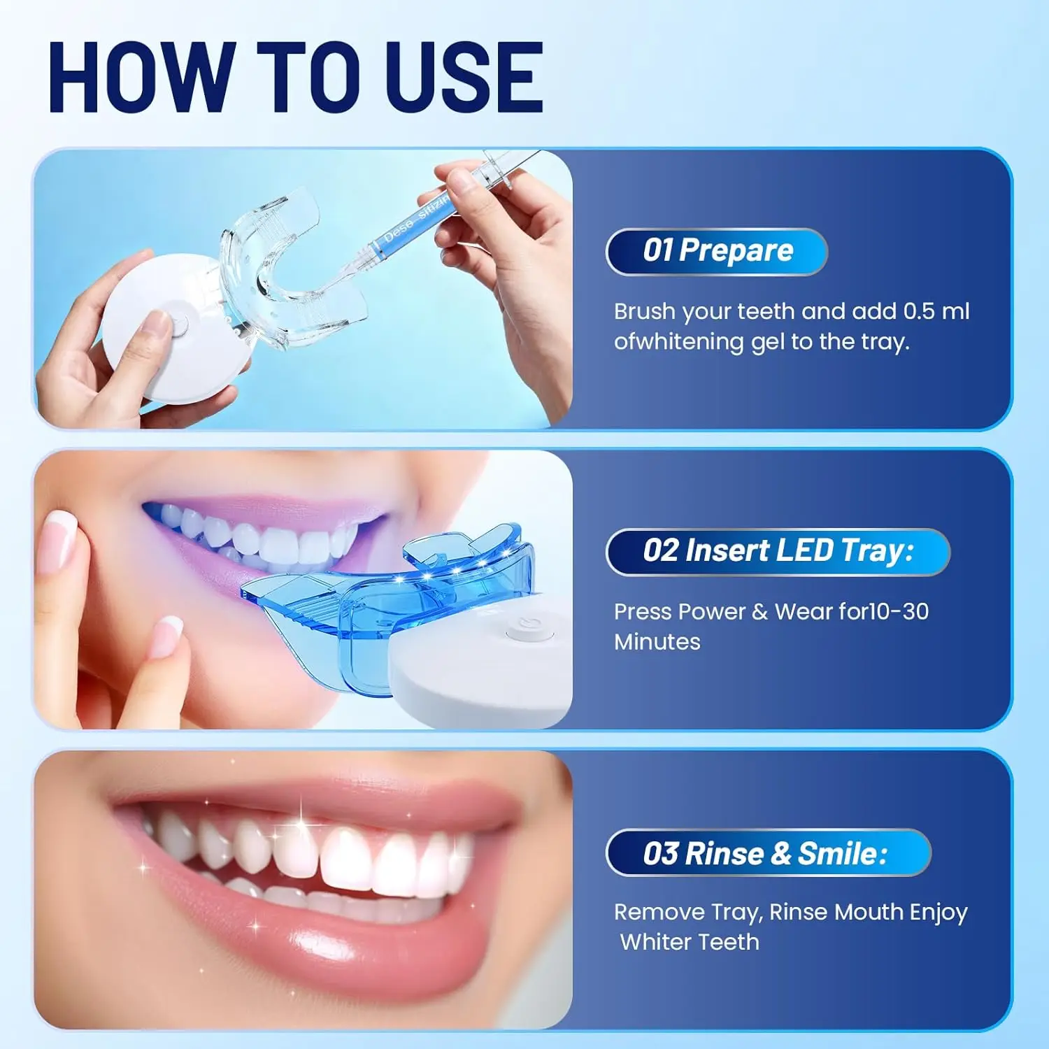 Kit Sbiancante per Denti con Luce LED, 4 Gel Sbiancanti e Gel Modellabile per Protesi, Aiuta a Rimuovere le Macchie Superficiali, Set per Igiene Orale - immagine 6