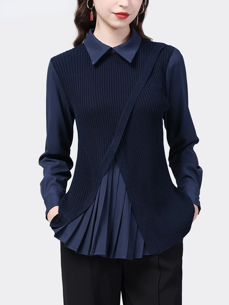 

Women's Korean Style Fashion Spring and Autumn Fake Two Pieces Knitwear Shirts & Blouses Elegant and Youth Woman Blouses Shirt