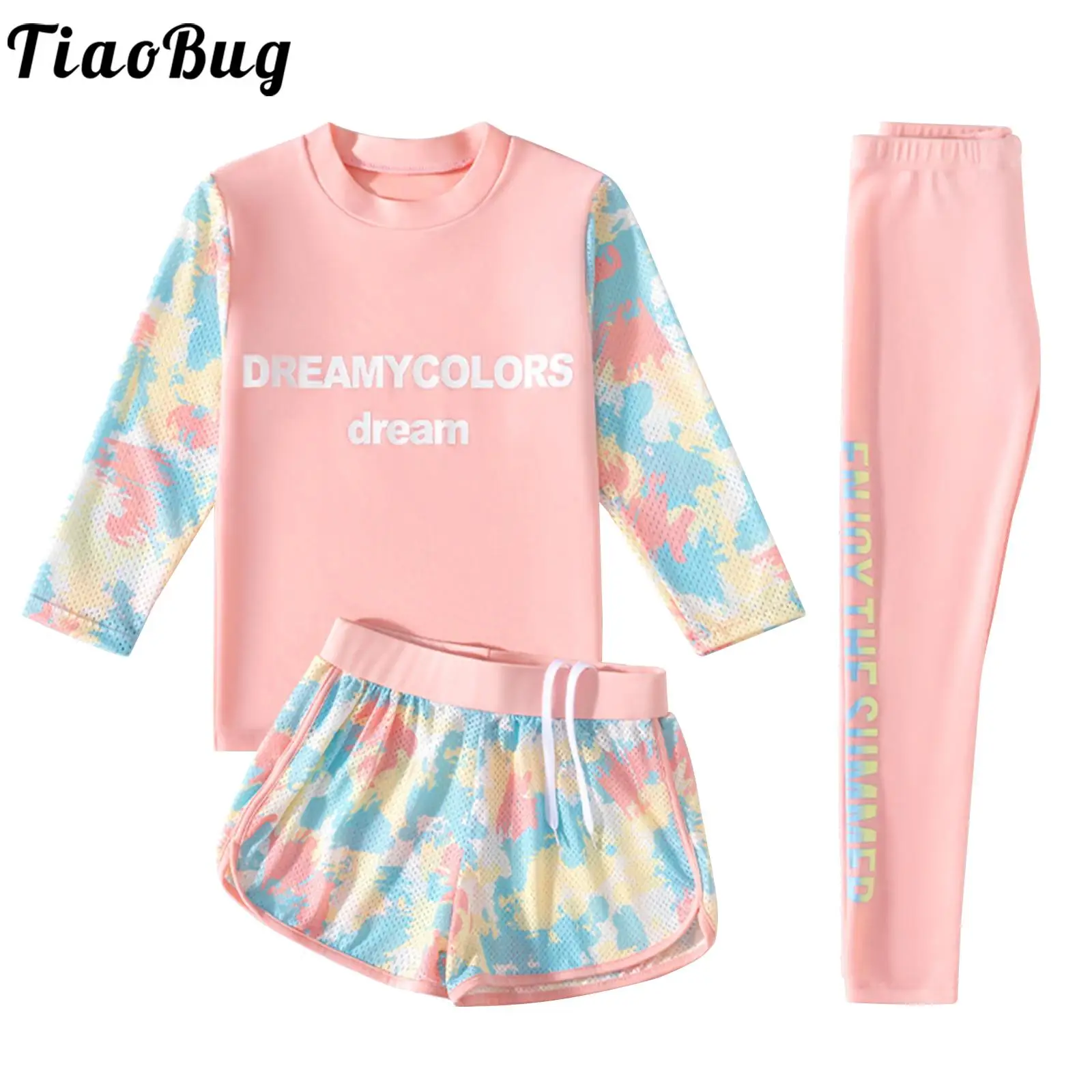 

3Pcs Kids Girls Swimsuit Swimwear Beachwear Outfits Long Sleeve Top Shorts and Pants Sets Sun Protection Rash Guard Bathing Suit