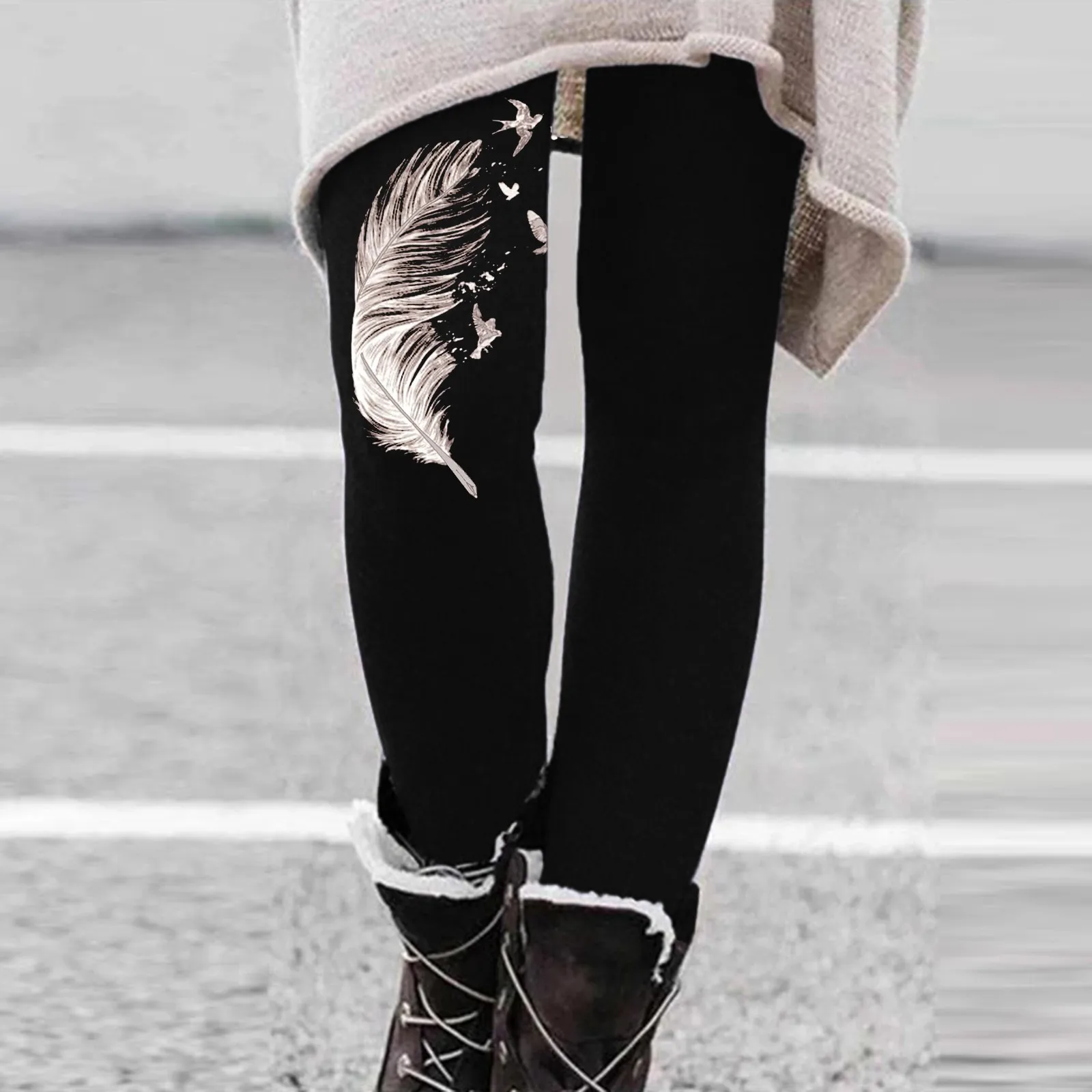 Womens Winter Casual Leggings Elastic Waist Thermal Capris Workout Trousers Thermal Prints Pants