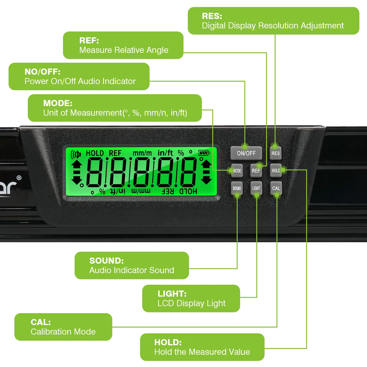 Huepar Digital Display Level Bar With Magnet Inclinometer 610mm Electronic 360&deg;Protractor Angle Finder With Magnets Edges Bubble laser angle gauge,laser inclinometer,level gauge,laser level
