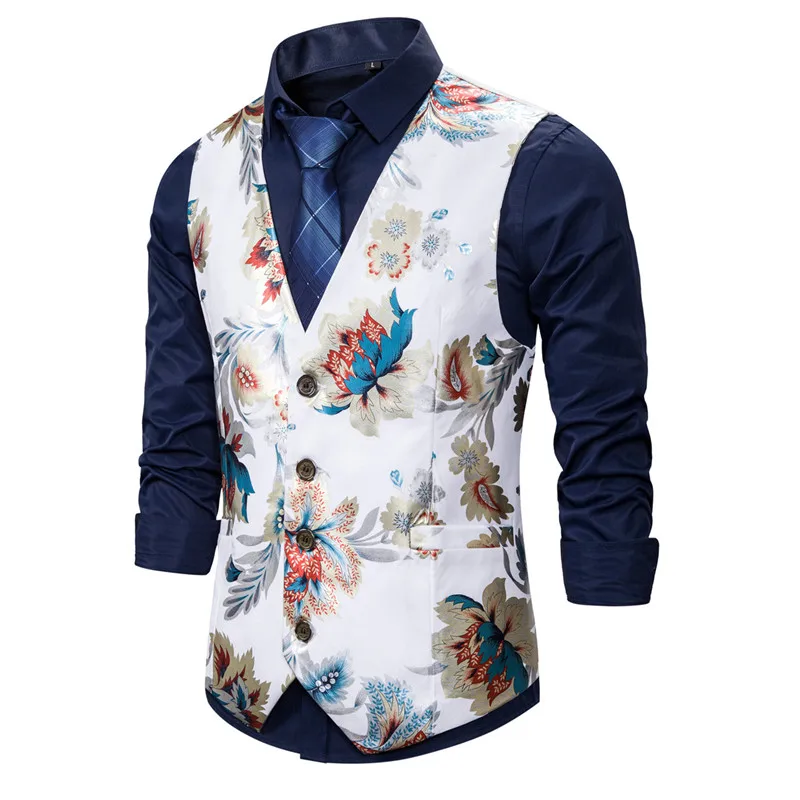 Bronzing Mens Floral Waistcoat Wedding Sleeveless Slim Fit Paisley