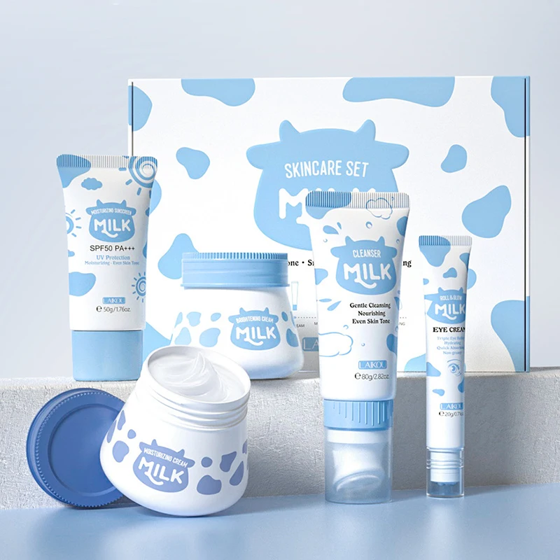 5pcs/Set LAIKOU Milk Skin Care Sets SPA 50+++ Sunscreen Facial Cleanser Face Creams Eye Cream Moisturizing Face Care Kit