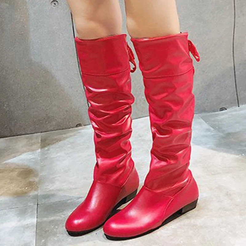 Shoes For Women  Knee High Boots Red Black White Tall Boots Woman Pleated Low Heel Casual Leather Female Long Shoes 2024
