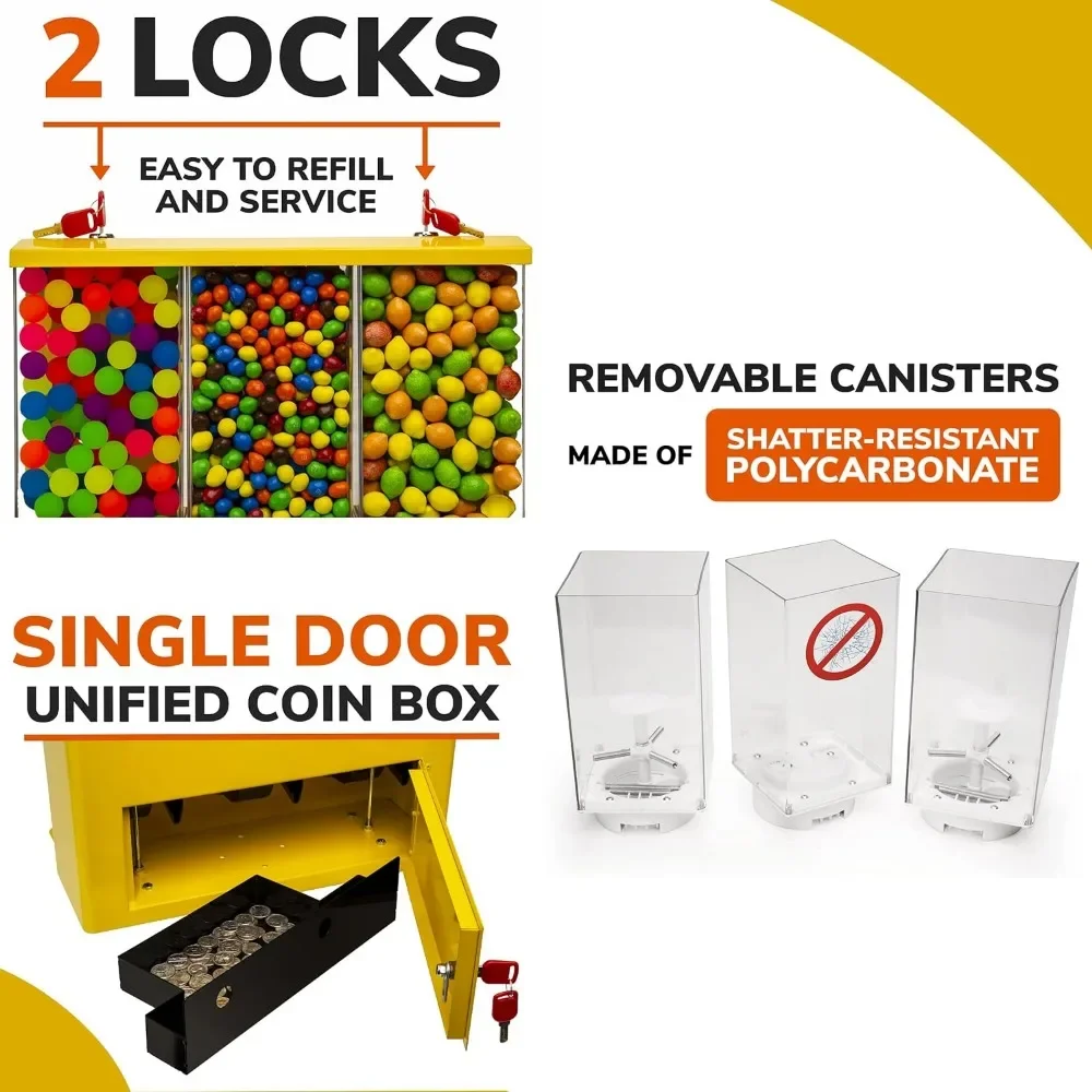 Gumball and Candy Machine with Stand - Yellow Triple Vending   Interchangeable Canisters 3