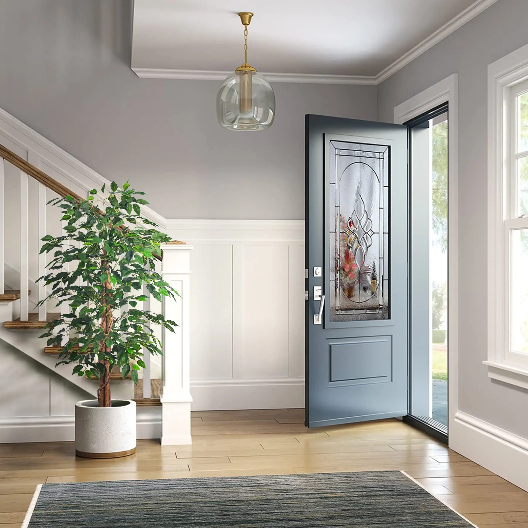 150/180 cm künstlicher Ficus-Baum – immergrüne buschige Pflanze mit schwarzem Kunststofftopf für Heim- und Büro-Innendekoration – Detail 1