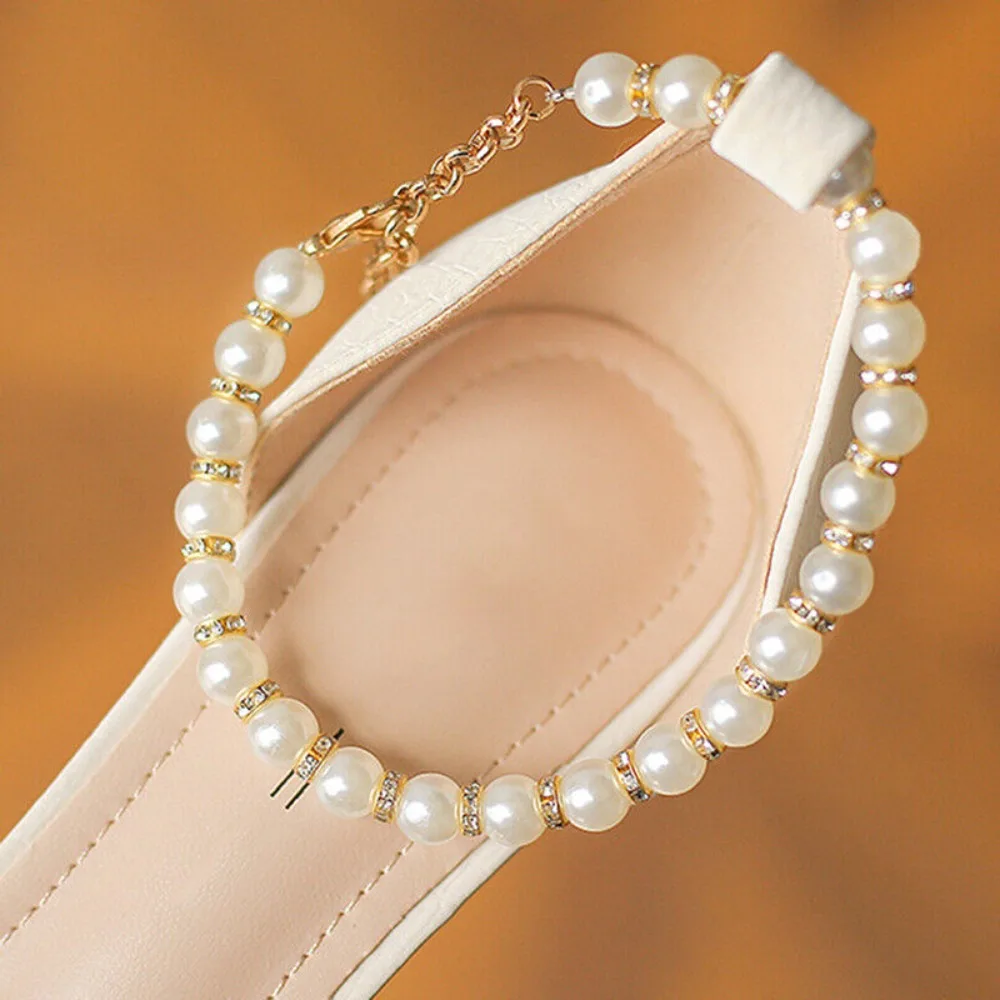 1 Pair Rhinestone Pearl Shoe Strap for High Heel Woman Band Ankle Pearl Shoe Chain Belt Accessories High Heel Decorations