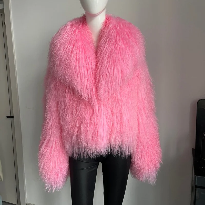 Beiziru Women's Mongolia Sheep Fur Coat Turn-down Collar Real Warm Stylish Outerwear Jacket