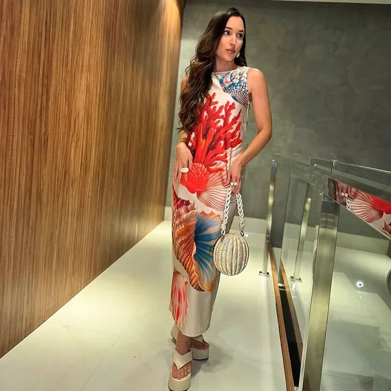 Vintage ärmelloses Sommerkleid Ocean Print Slim Fit Streetwear hoch taillierte Rundhals ausschnitt Medium Y2k Kleid für Damen bekleidung – Detail 5