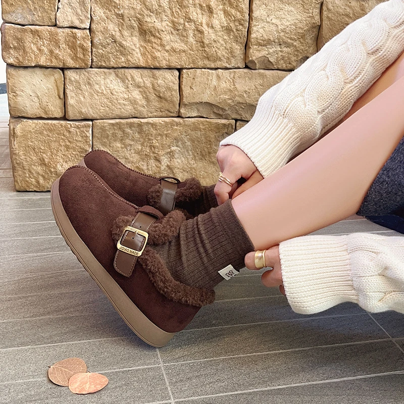 Aphixta Winter Warm Snow Boots Metal Buckle Cow Suede Upper Furry Shoes For Woman 3cm Flat With Boot Round Toe Slip On Footwear