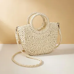 Handwoven Straw Rattan Half-Moon Beach Handbag - Large Capacity Summer Crossbody Shoulder Bag (Beige)