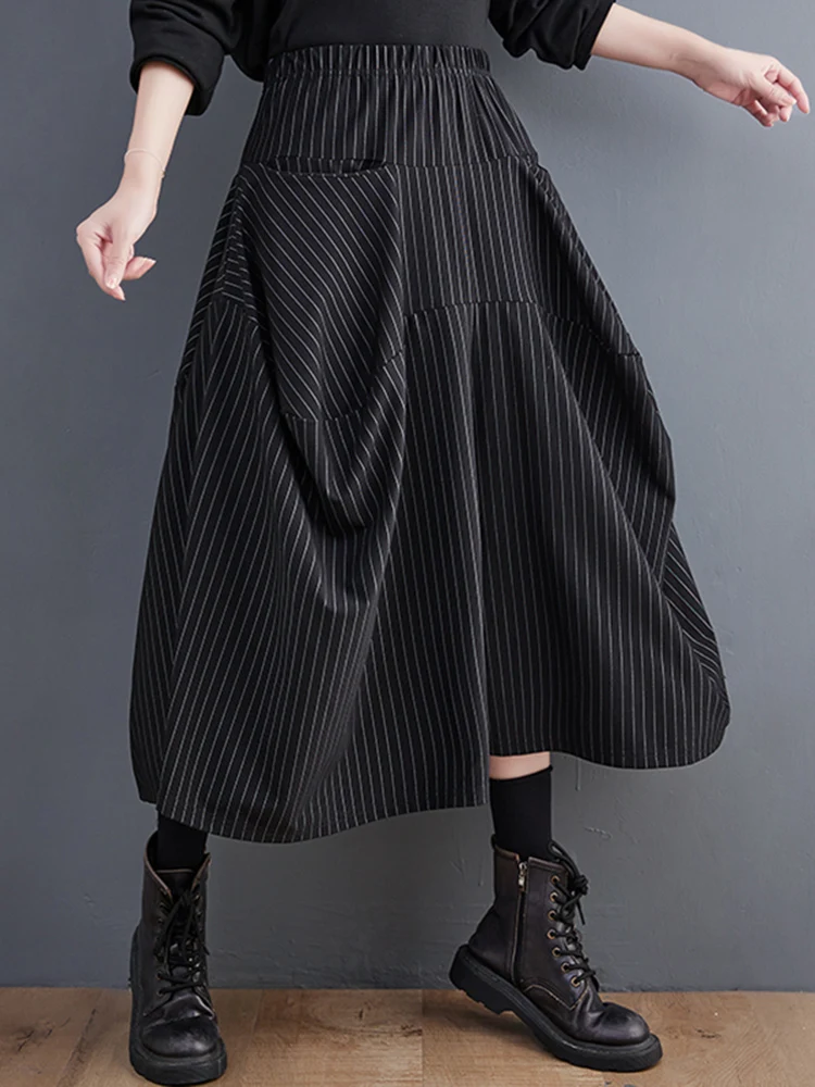 Black High Elastic Waist  Striped Plus Size Wide Leg Pants Women Pocket Loose Casual Fashion Ladies Trousers Spring Autumn 2025