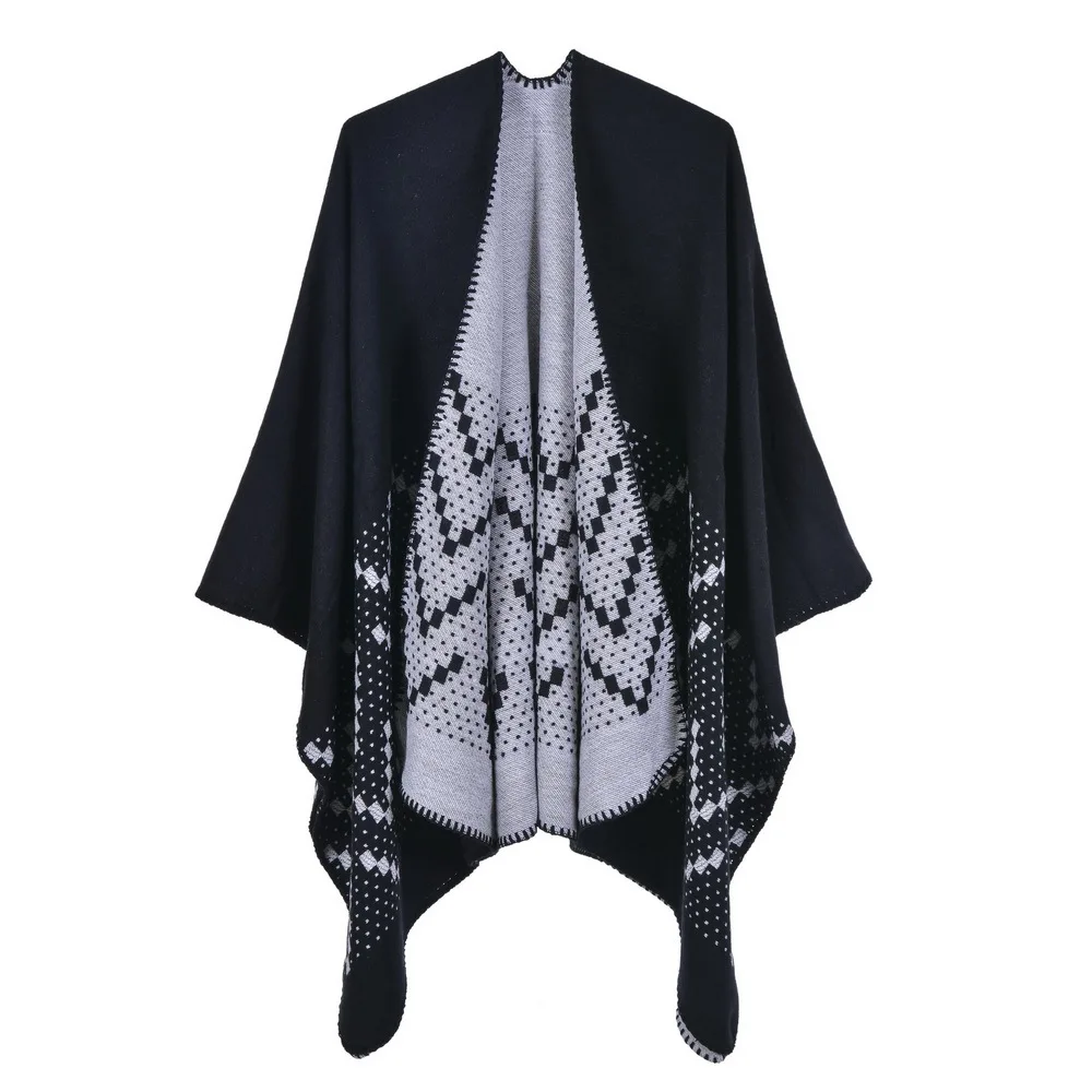

2022 New Autumn Winter Warm Shawl Women's Travel Imitation Cashmere Fork Thickened Cloak Ponchos Black