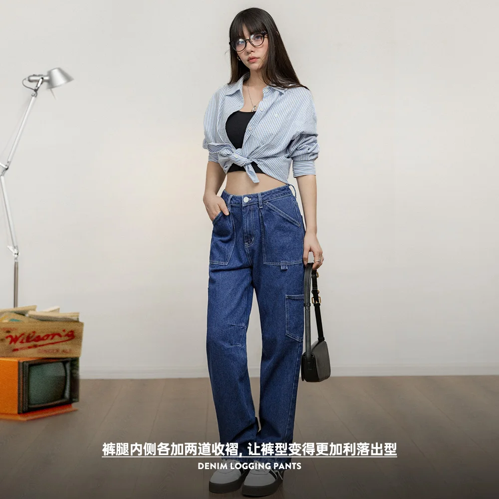 Maden Washed Straight Mid-rise Jeans for Women 12OZ Cotton Blue Denim Multi-Pocket Workwear Pants Vintage Irregular Whitewashed