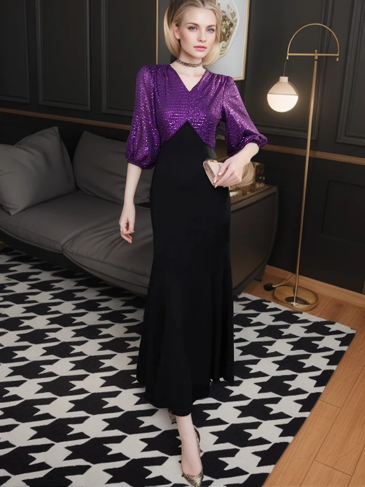 

SEQINYY элегантный тонкий, летний, весенний, новый, модный дизайн, фиолетовый, блестящий, v-образный вырез, сращенный, средней длины