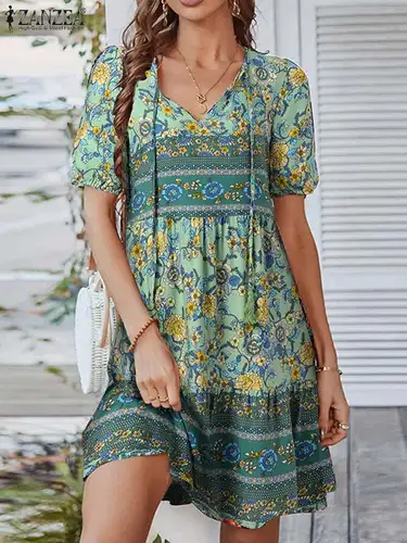 여성 짧은 소매 꽃 프린트 비치 드레스, 여름 보헤미안 파티 무릎 길이 Vestidos ZANZEA 2023 Holiday Sundress Robe Femme 2