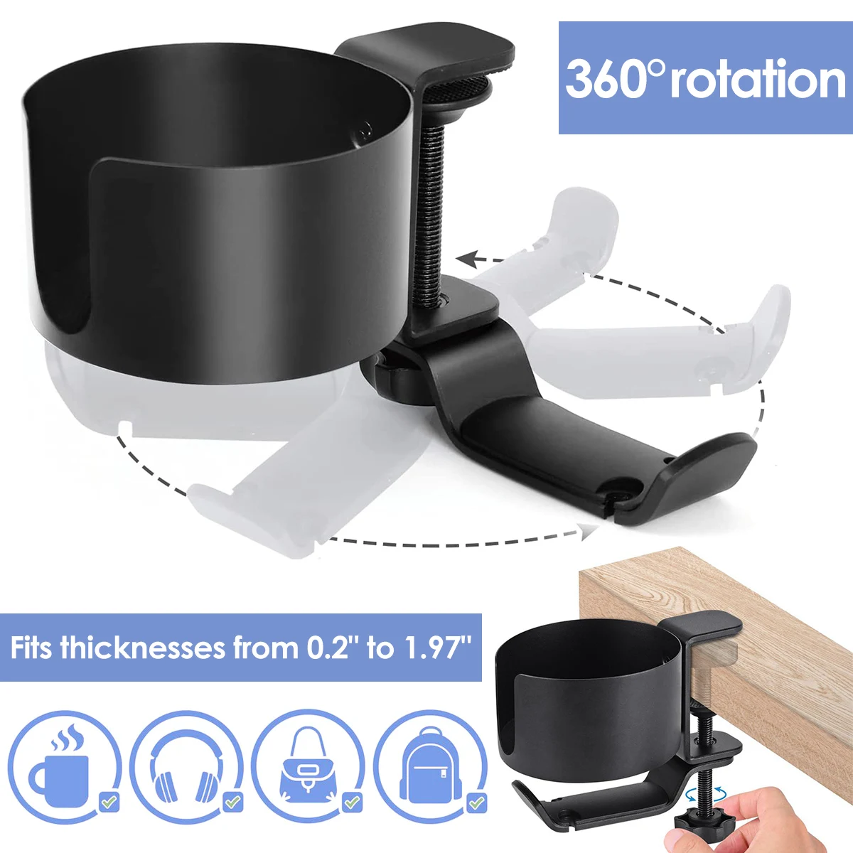 2 in 1 Desk Cup Holder 360 Rotation Adjustable Arm Clamp Headphone Hook Bottle Holder Table Side Drink Hanger for Desk Table Hot