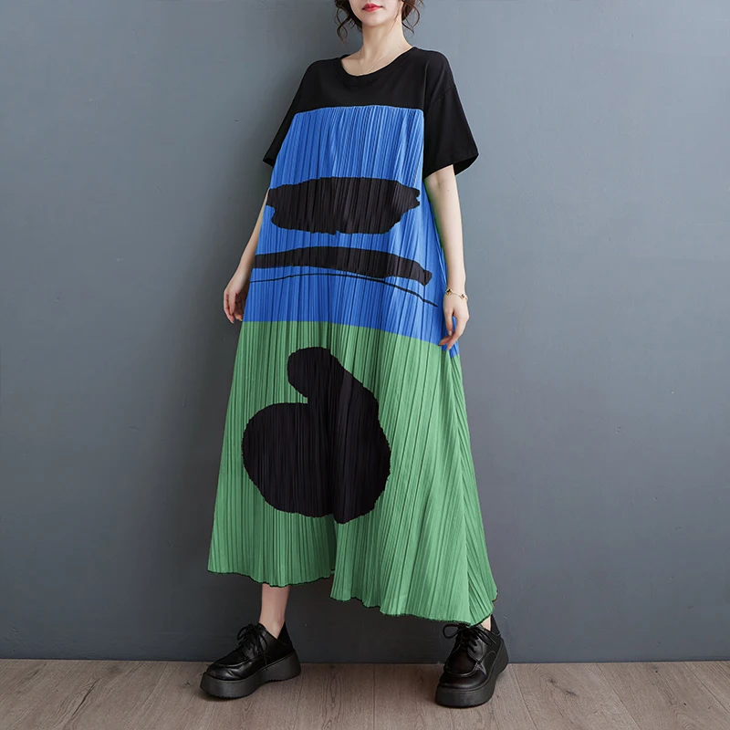 

#3860 Summer Long T Shirt Dress Short Sleeves Loose Round Neck A-line Tshirt Dress Women Loose Split Joint Printed Pleated Dress