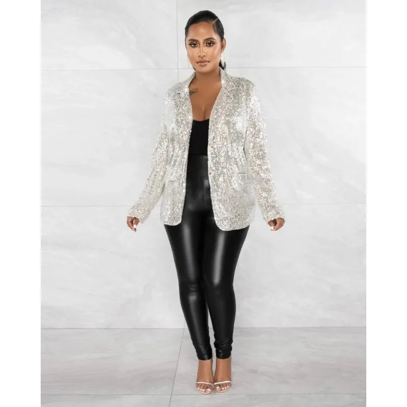 Sequins Women Casual Blazer Top Fashion Turn Down Collar Long Sleeve Single Breasted Slim Club Party Coat Sparkling Y2K Jackets