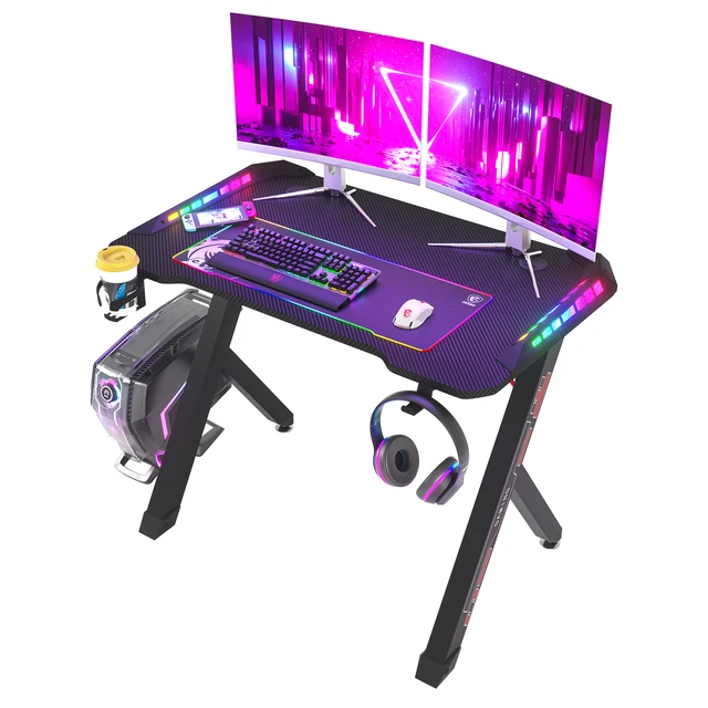 Dynamic RGB LED Lights Gaming Desk Sturdy PC Desk with Stable Thickened Metal Legs 3D Carbon Fibre Surface