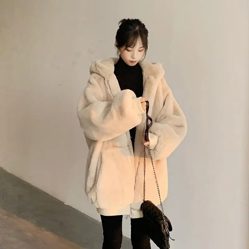 Women Hooded Faux Fur Coat Elegant Luxury V-neck Long Sleeve Fluffy Outerwears Lady Fashion Winter Daily Highstreet Jackets - 2