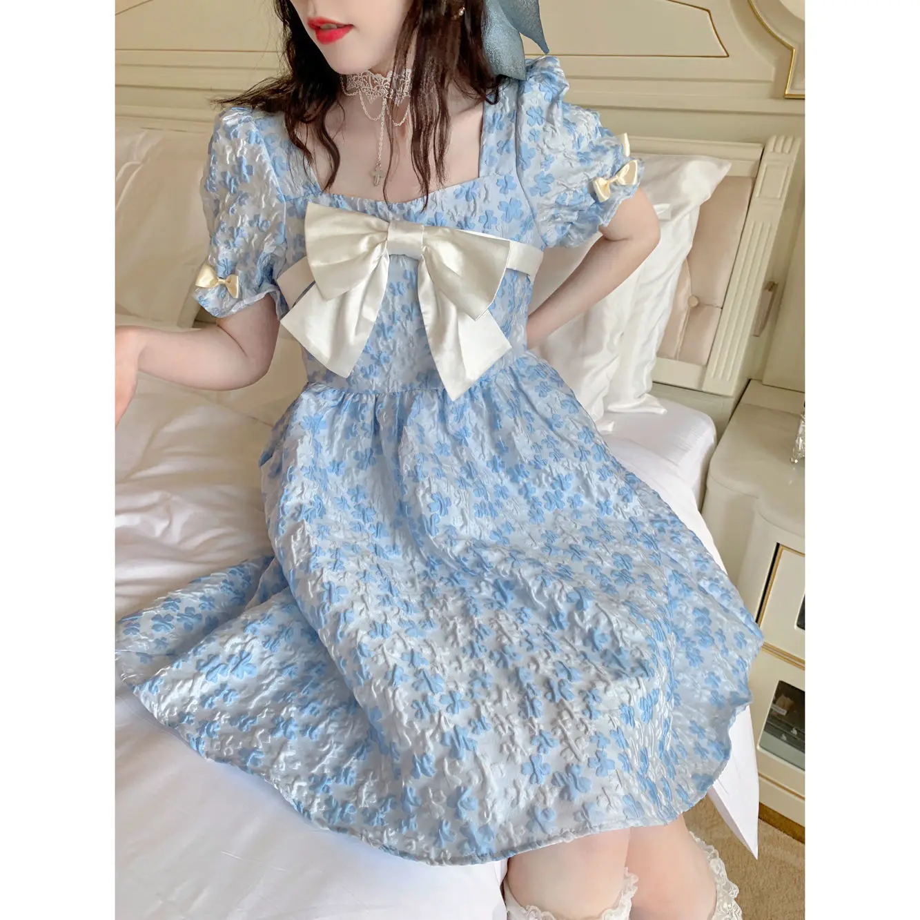 

Summer Floral Bow Kawaii Dress Women Blue Jacquard France Vintage Elegant Party Mini Dresses Casual Sweet Cute Fairy Dress