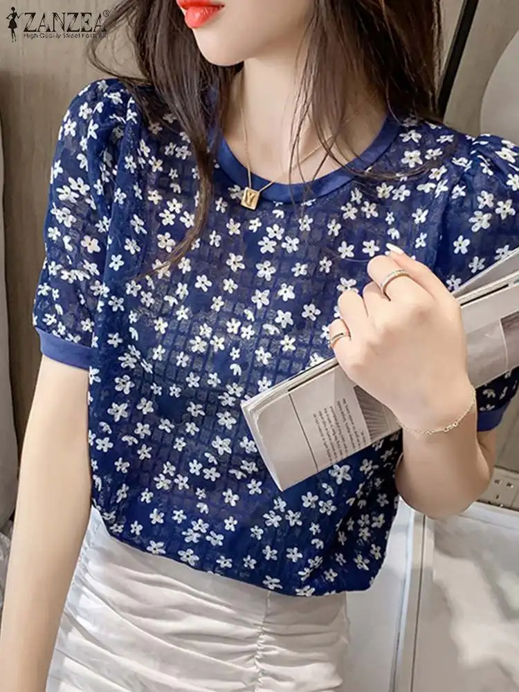 ZANZEA 여성 패션 반팔 블라우스, 꽃 프린트 레이스 크로셰 탑, 캐주얼 홀리데이 파티 셔츠, 여름