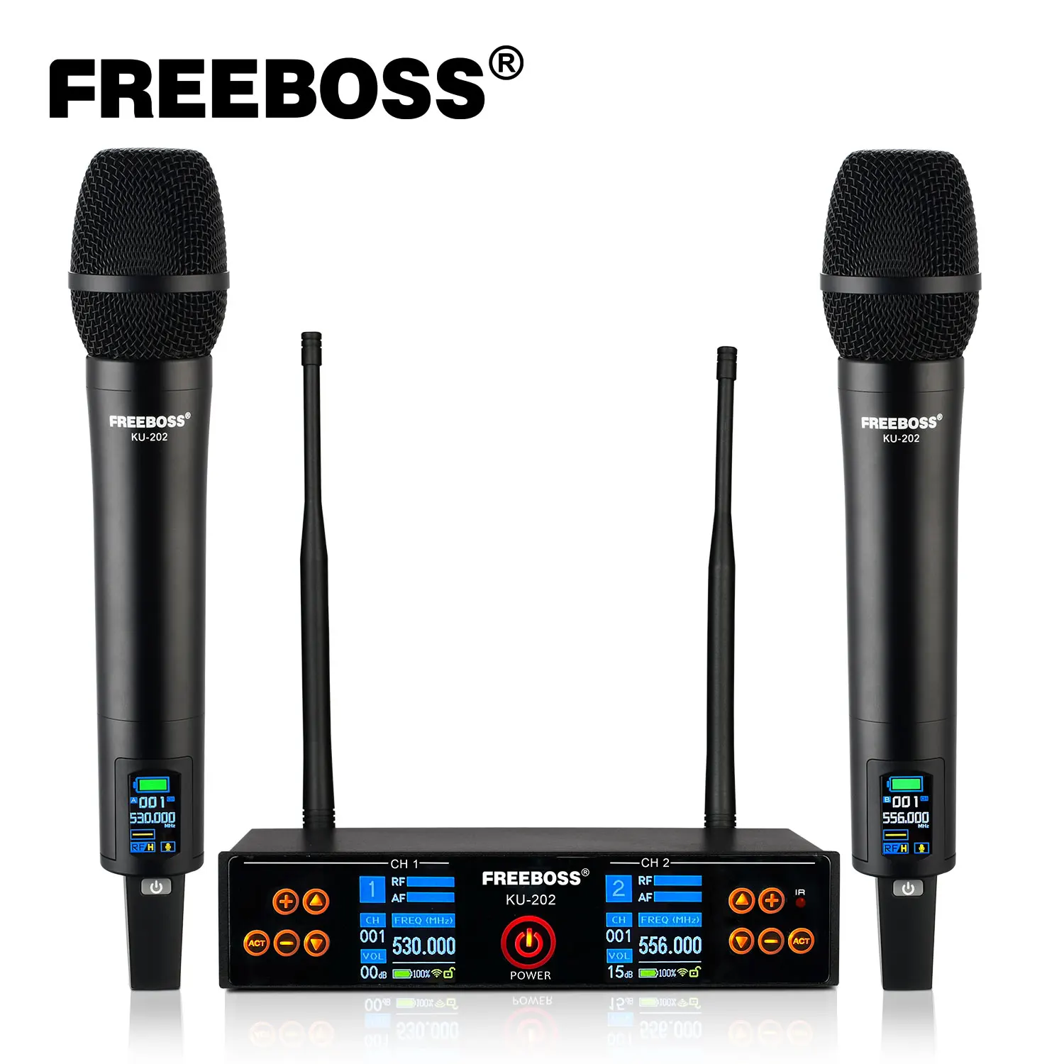 FREEBOSS 충전식 무선 마이크, 2 웨이 UHF 조정 가능, 주파수 EQ ..