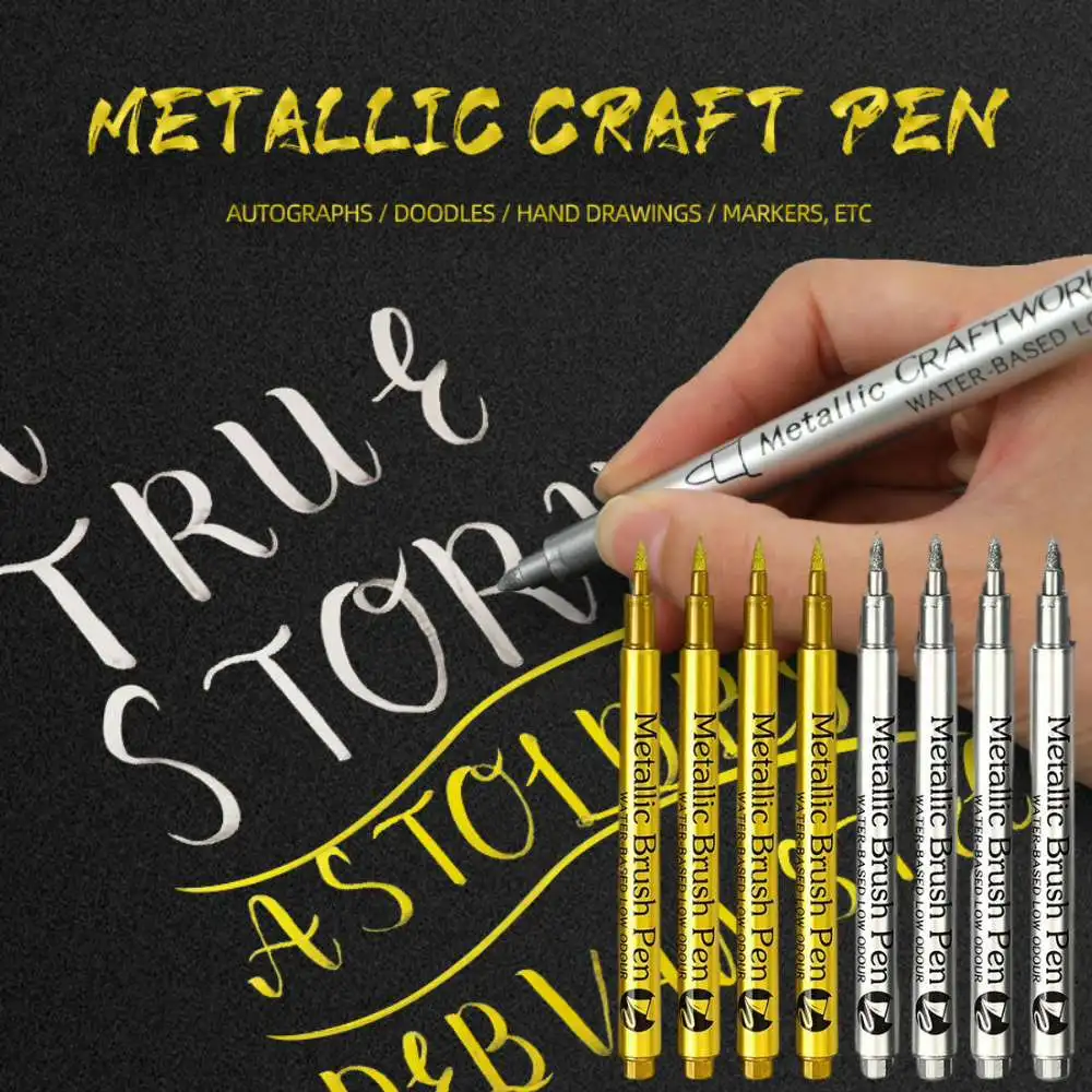 1-6pcs Metallic Marker Pen Gold Silver Colors Brush Pen Medium Point Markers for Metal Rock Painting Black Paper Card Making marker pen paint pen art pens