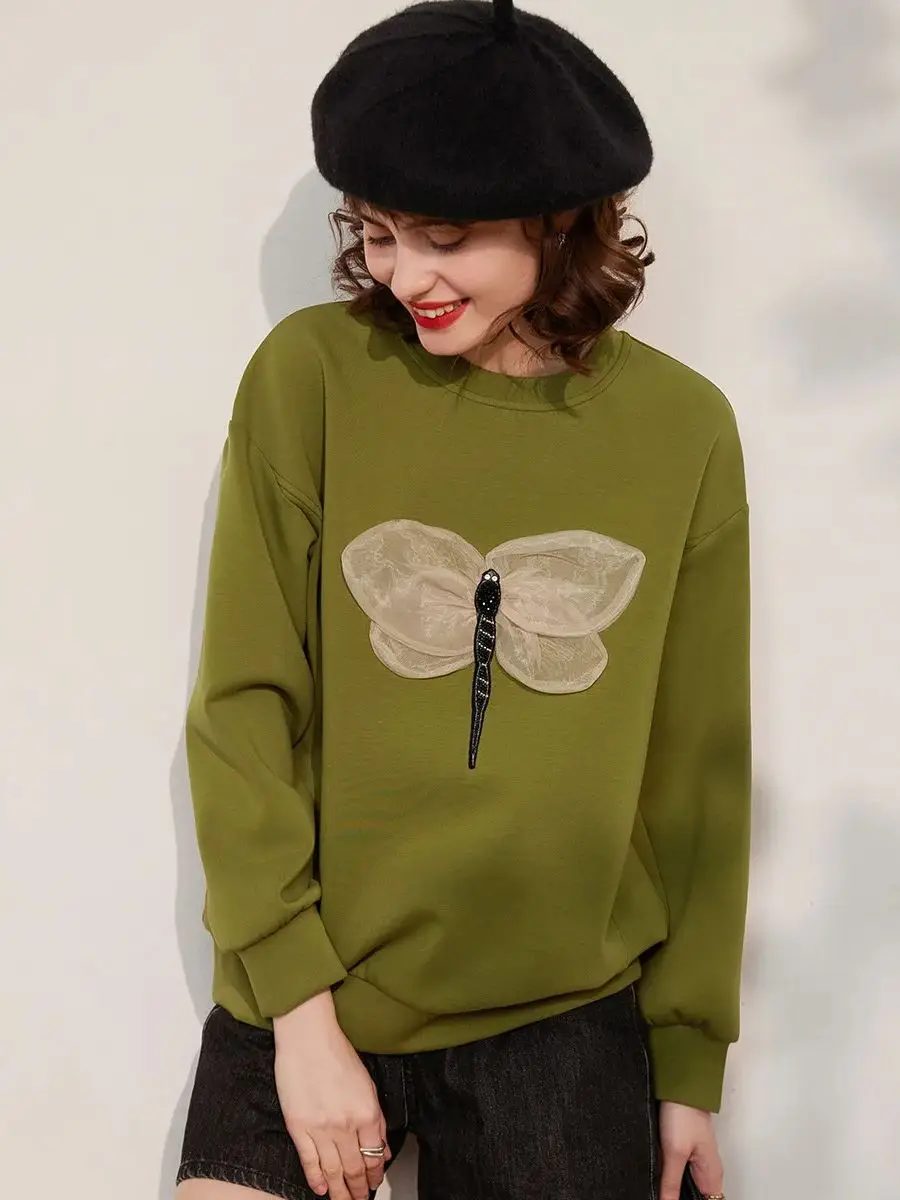 LOUIS YAO Women Sweatshirt 2024 Spring New Round Neck Long Sleeve 3D Dragonfly Decoration Loose Fit Casual Pullover Women's Top