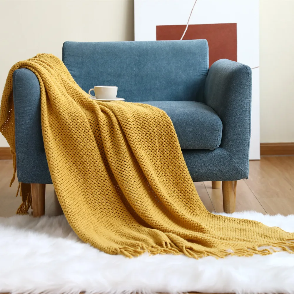 

Inya Mustard Nordic Knitted Throw Blanket Shawl Sofa Blanket Soild with Tassels Scarf Emulation Chunky Bedspread Manta Para Sofá