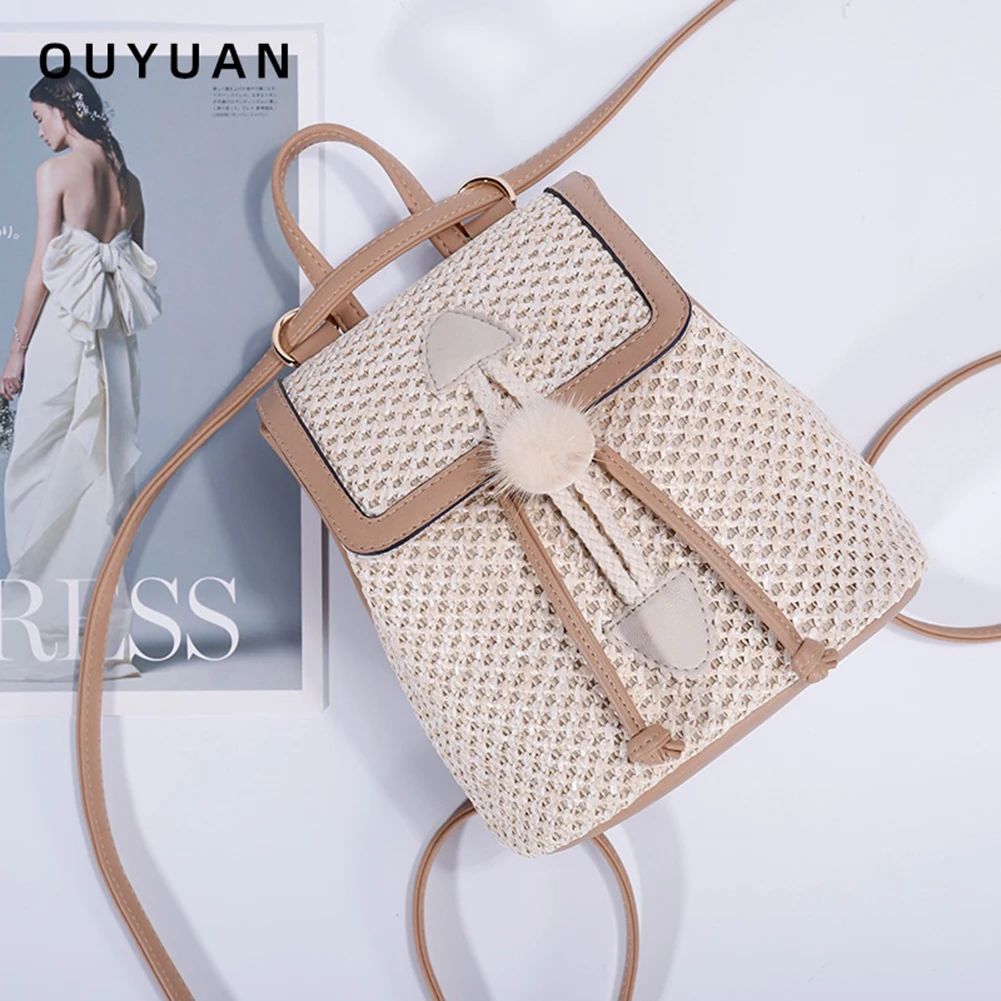 Fashion Woven Backpack Straw Women Shoulder Messenger Bag Elegant