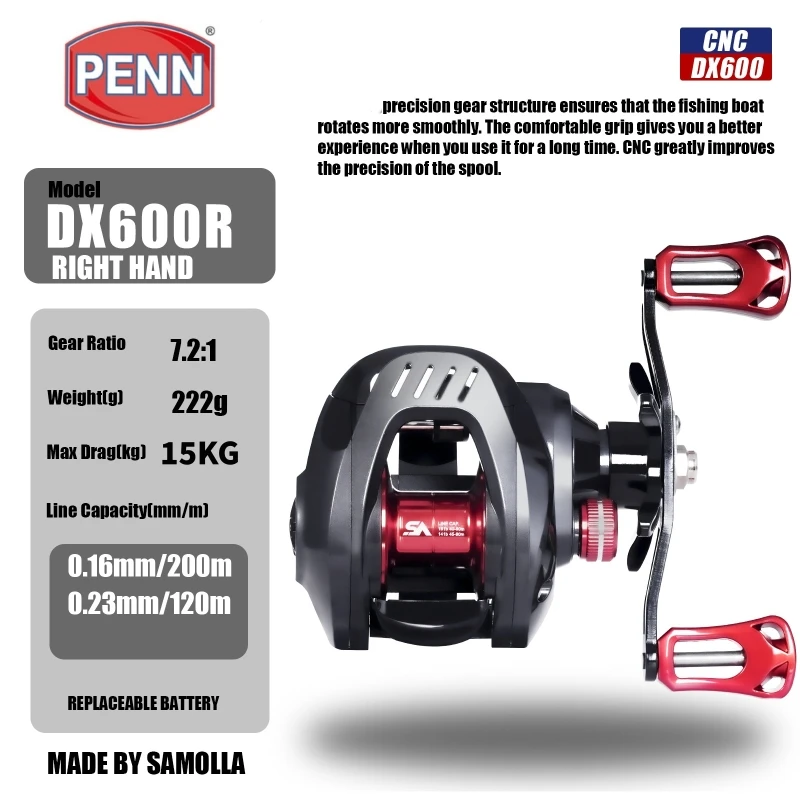 Penn-Powerful Gear Ratio Fishing Reel, 7.2:1, 6 + 1BB Rolamentos de esferas, 15kg Max Drag