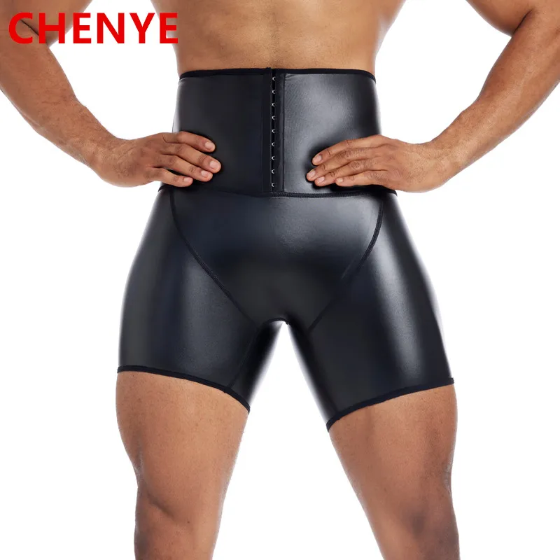 Mens Fashion Fitness Slim Stretch Leather Pants Body Shapers Waist Trainer High Waist Abdomen 3 Hooks Compression Leather Shorts