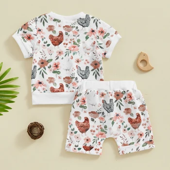 0-3Y Toddler Baby Girls Summer Shorts Sets Short Sleeve Floral Chick Print Tops Drawstring Shorts Sets 2