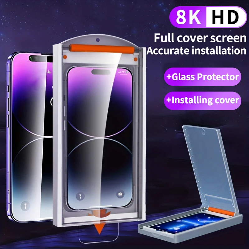 

8K High End Tempered Glass For iPhone 15 14 13 12 11 Pro Max 15 Plus 15Pro Max Screen Protector With Alignment Mounting Cover