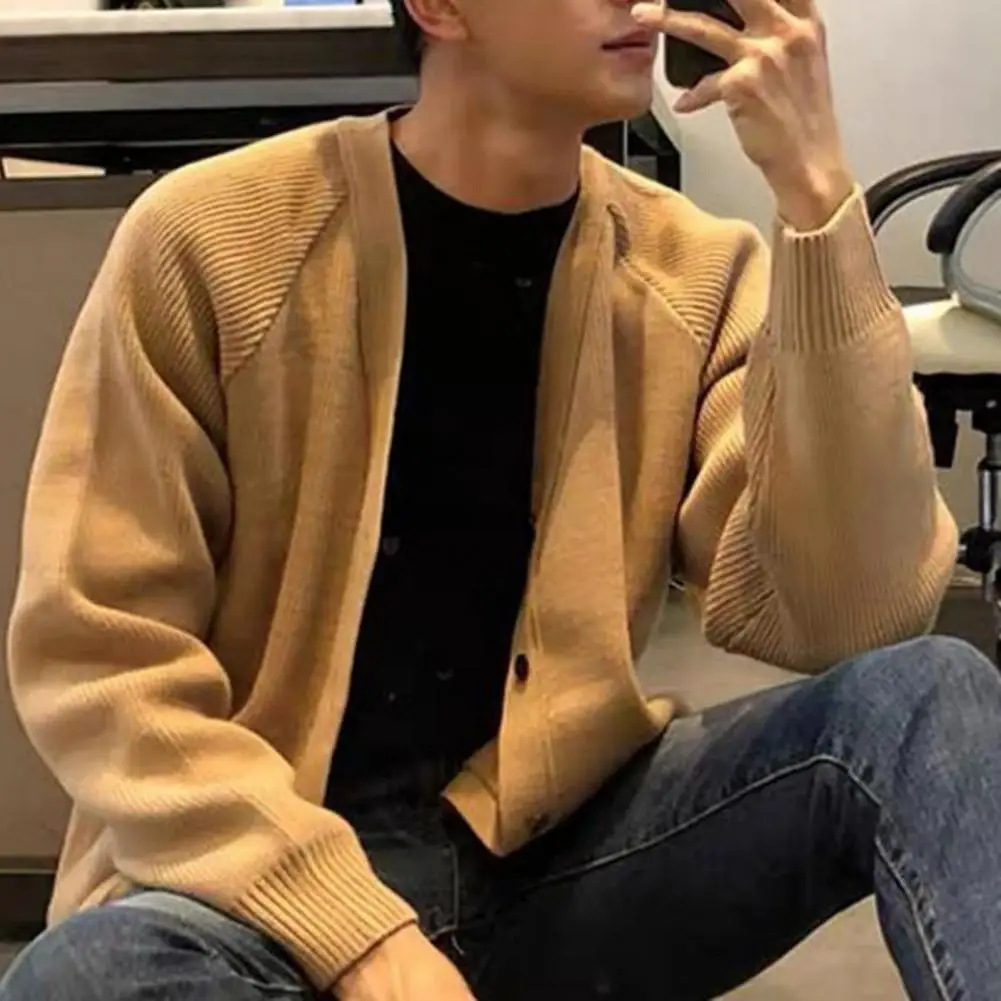 

Men Sweater Coat Men's V-neck Knit Sweater Coat Casual Autumn Winter Cardigan Long Sleeve Single Breasted Solid Color Loose Fit